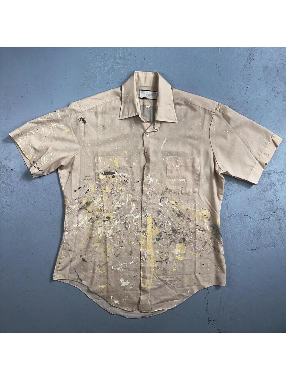VTG 60s 70s Paint Stained Sears Perma Prest Short Sleeve Camp Shirt 16 Thrashed